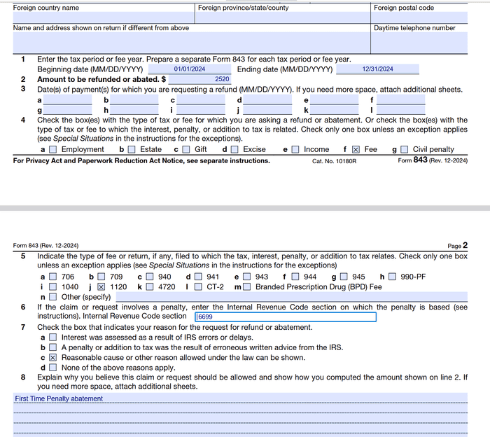 form 843 example for S Corp late filing abatement request