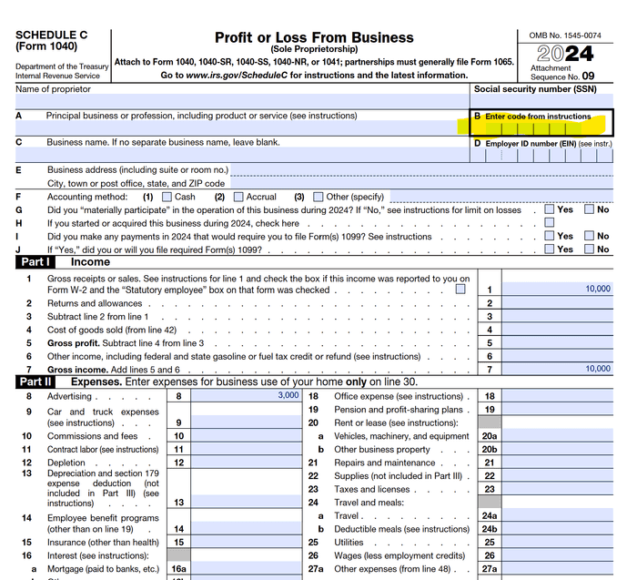 location of NAICS Number on IRS Schedule C