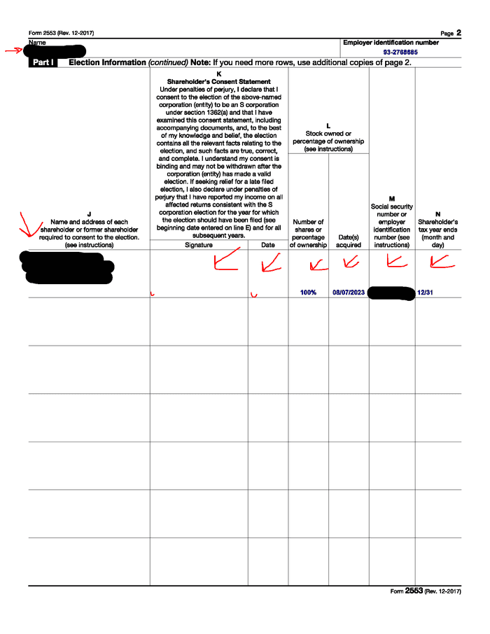 second page of prefilled IRS form 2553